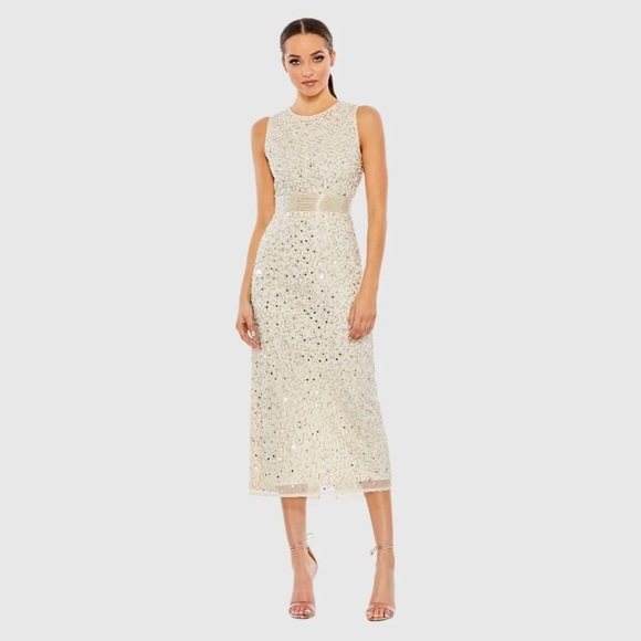 Mac Duggal Geometric Embellished Sleeveless A Line Dress in Nude Silver Sz 6 - Picture 1 of 8
